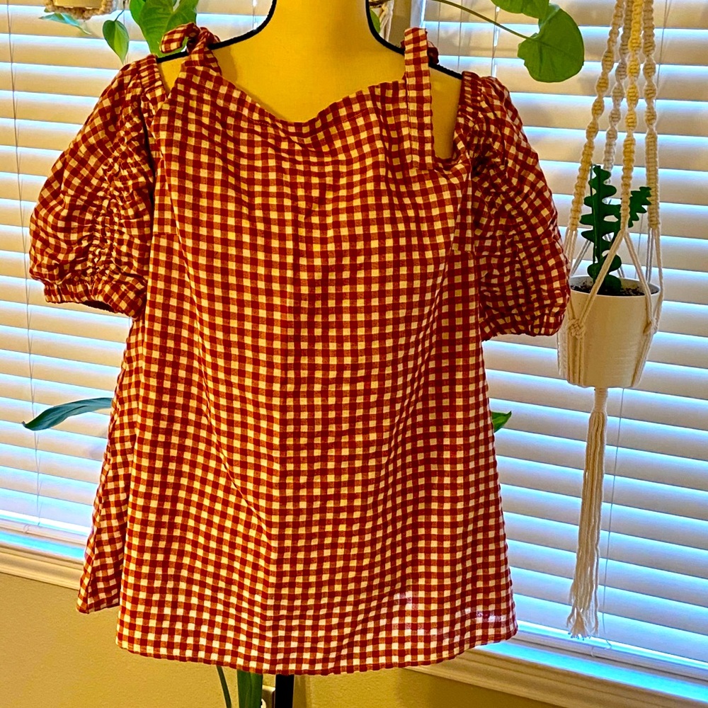 Red Gingham Cold-Shoulder Top